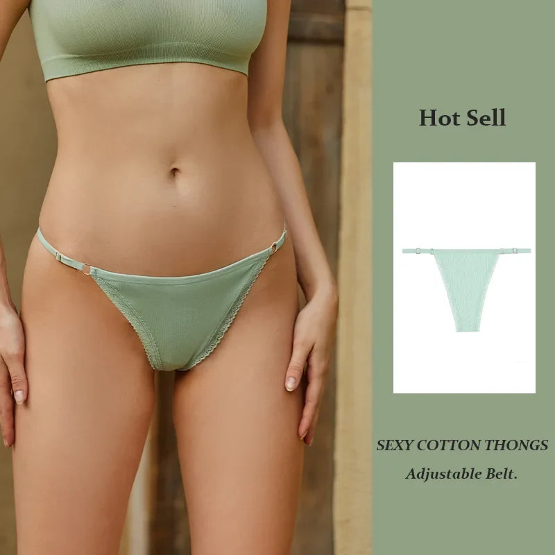 Sexy Women Cotton Thongs Adjustable Belt Seamless Panties Breathable Low Waist Lingerie Female Soft Solid Color Intimates