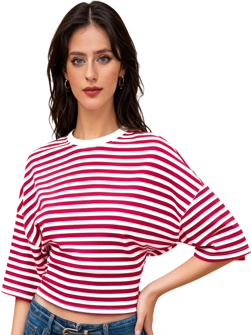 Women Summer Fashion Casual Elbow Sleeve T-Shirts Stripe Cinched Waist Crew Neck Tops Streetwear