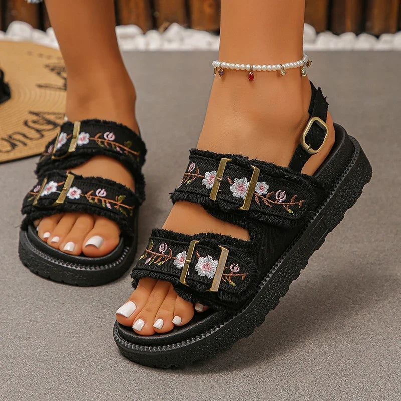 Fashion Flowers Embroidery Platform Sandals Women Plus Size 43 Back Strap Thick Bottom Sandles Woman Anti Slip Summer Sandals