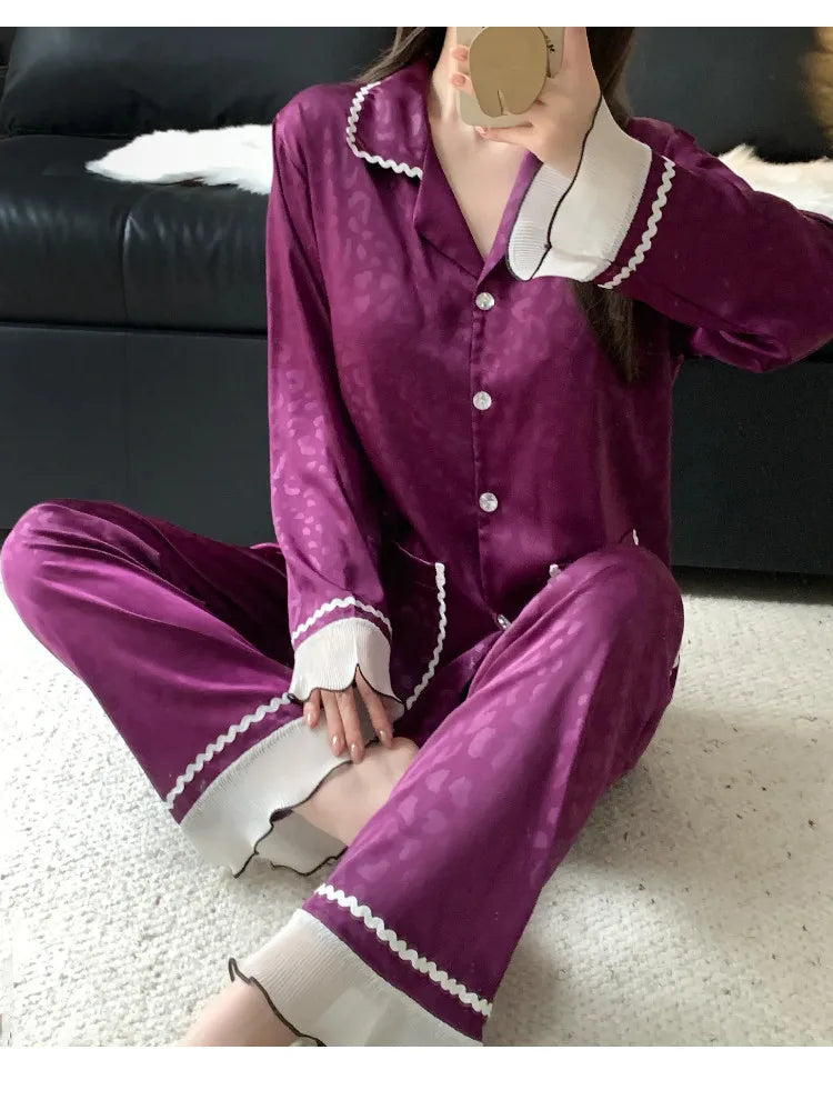 Spring and summer women's pajamas lace sweet cardigan long-sleeved suit home wear