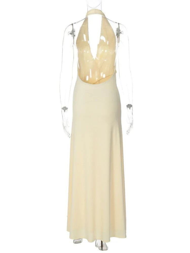 FDYOUI 2026 Summer Deep V-neck Hollow Out Long Maxi Evening Dress Women Chic Backless High Slit Ruched Solid Party Club Dresses