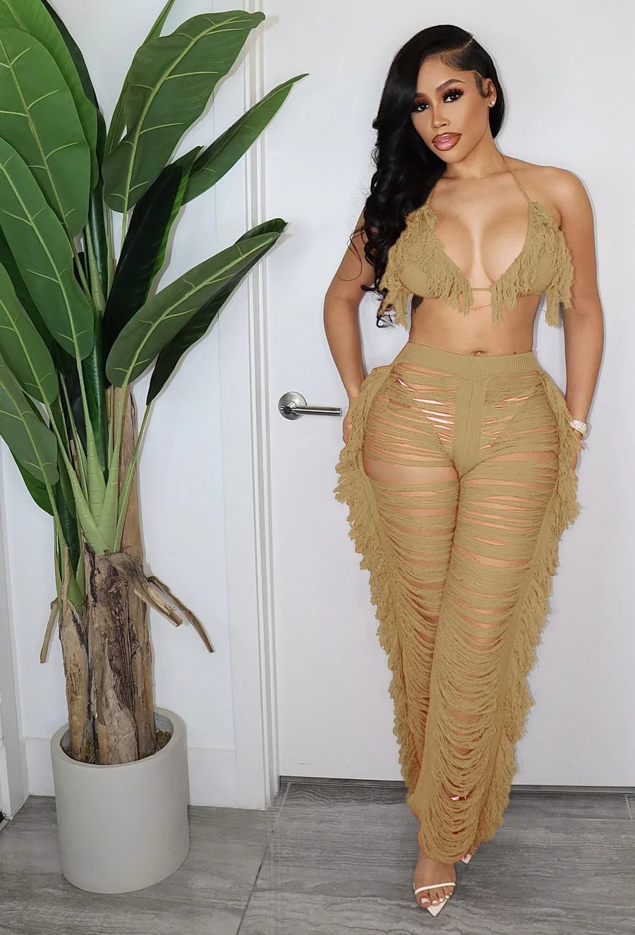 DEKAWomen Tassel Pants Knitted Bra Top Bikini Set Swimsuit Handemade Crochet Bikini Cover Up Tassel Beach Long Wrap Pant