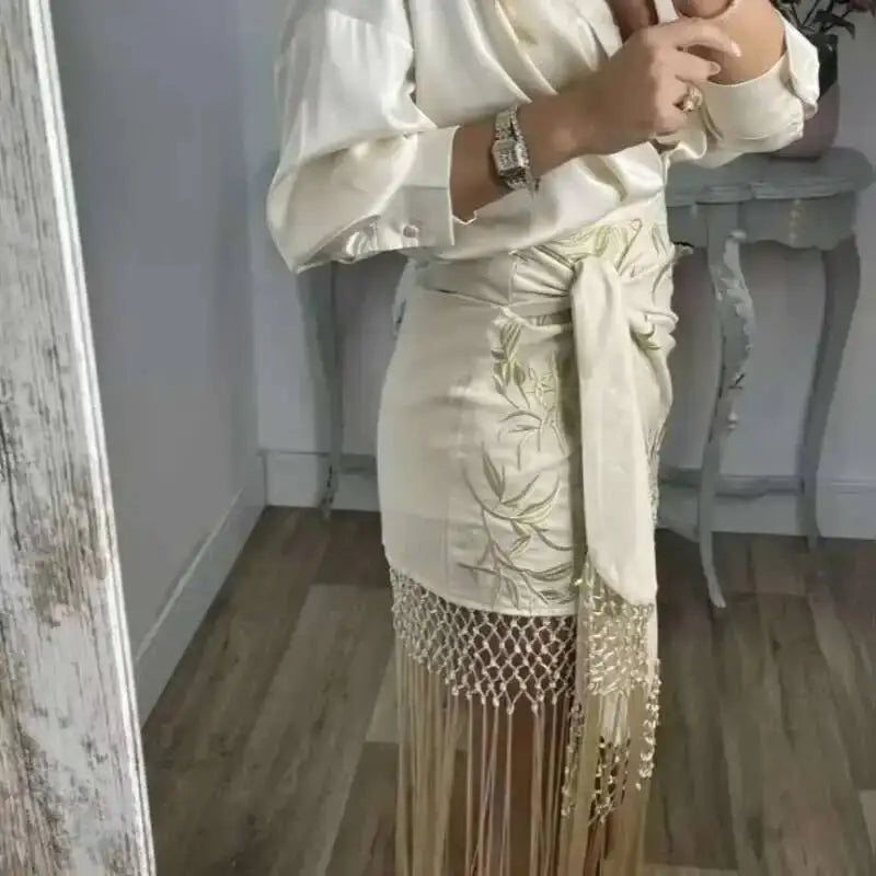 Embroidered Tassel Hem Skirt Elegant Women's Lace Up Mesh Hollow Out Short Skilt 2026 Summer New Chic Female Beach Holiday NT8W