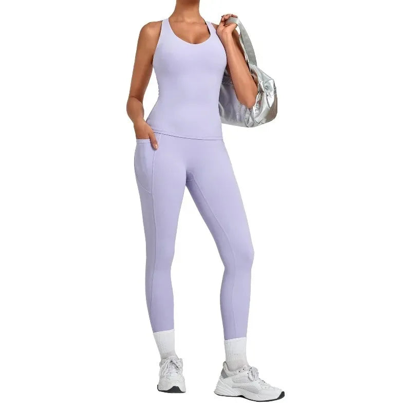 Women's Seamless Yoga Sets Sports Fitness Hip-lifting High Waist Pant Sleeveless Backless Suits Workout Running Leggings Sets