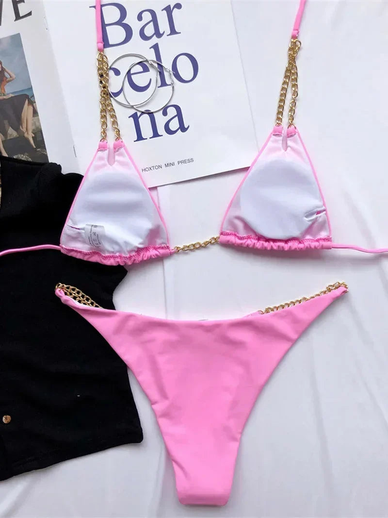 Sexy Cow Print Halter Metal Chains Brazilian Bikini Women Swimsuit Female Swimwear Two Pieces Bikini Set Bathing Suit Swim Lady