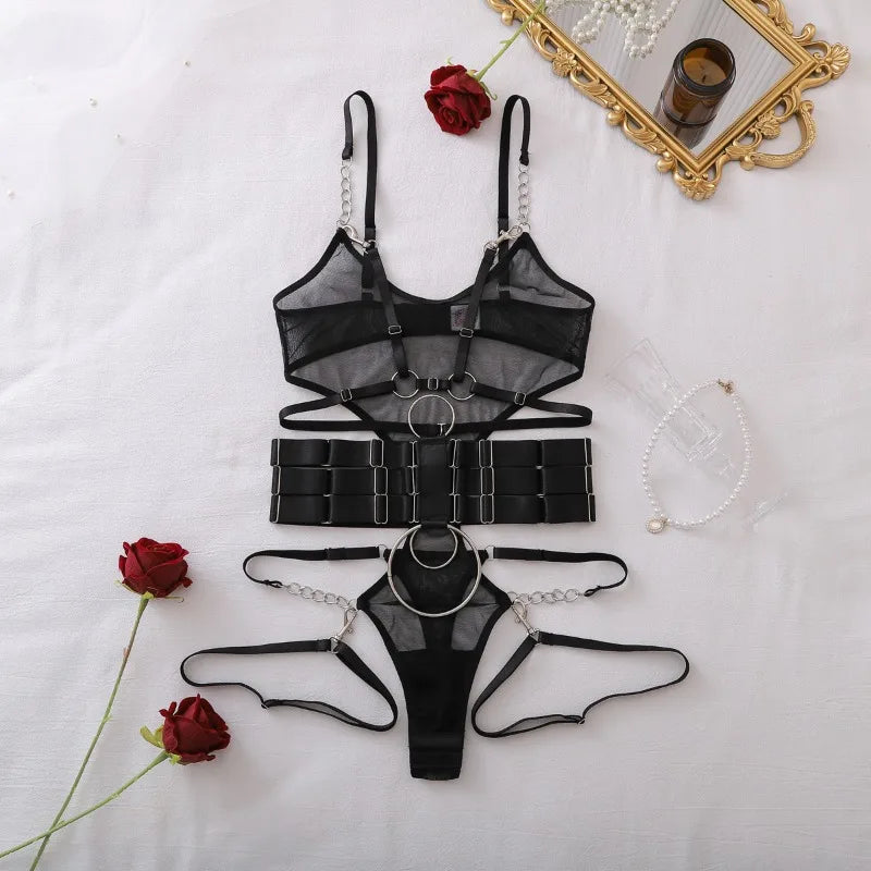 Toucheart Erotic Bodysuit Hollow See-through Mesh Design Binding Belt Body Shaping Seductive Luxurious Women Sexy Jumpsuit Set