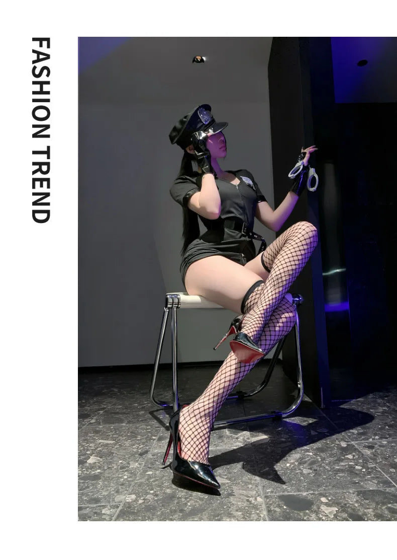 Sexy Cosplay Policewoman Midnight Uniform SM Zipper Bodysuits Solid Color Deep V Short Sleeved Wrap Hip Bodysuits Charming K0JQ