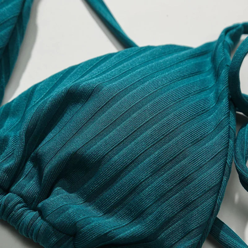 Sexy Ribbed Halter Micro Thong Bikini Female Swimsuit Women Swimwear Two-pieces Bikini Set Mini String Bather Bathing Suit Swim