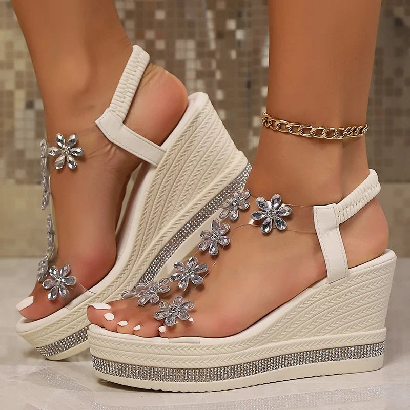 Rhinestone Flowers Wedges Sandals Women 2026 Luxury Crystals Chunky Platform Sandles Woman Clear Pvc Super High Heel Party Shoes