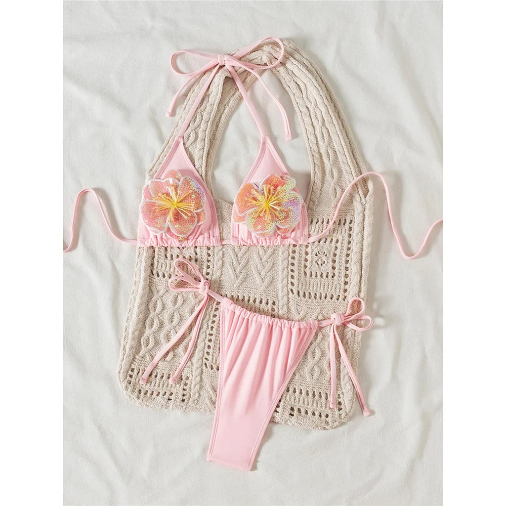 3D Flowers Halter High Leg Cut Thong Bikini Female Swimsuit Women Swimwear Two-Pieces Bikini Set Bather Bathing Suit Swim V6962