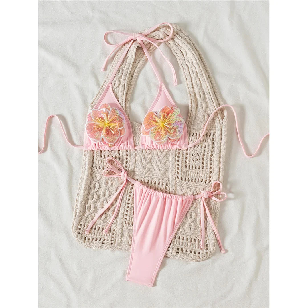 3D Flowers Halter High Leg Cut Thong Bikini Female Swimsuit Women Swimwear Two-Pieces Bikini Set Bather Bathing Suit Swim V6962