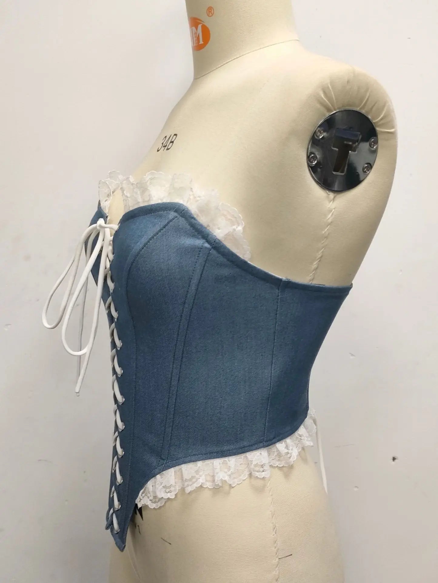 Sexy Imitates Denim Camisole Women Off Shoulder Lace Trim Bandage Cross Slim Fit Fishbone Tank Top 2026 Lady Club Party Vest