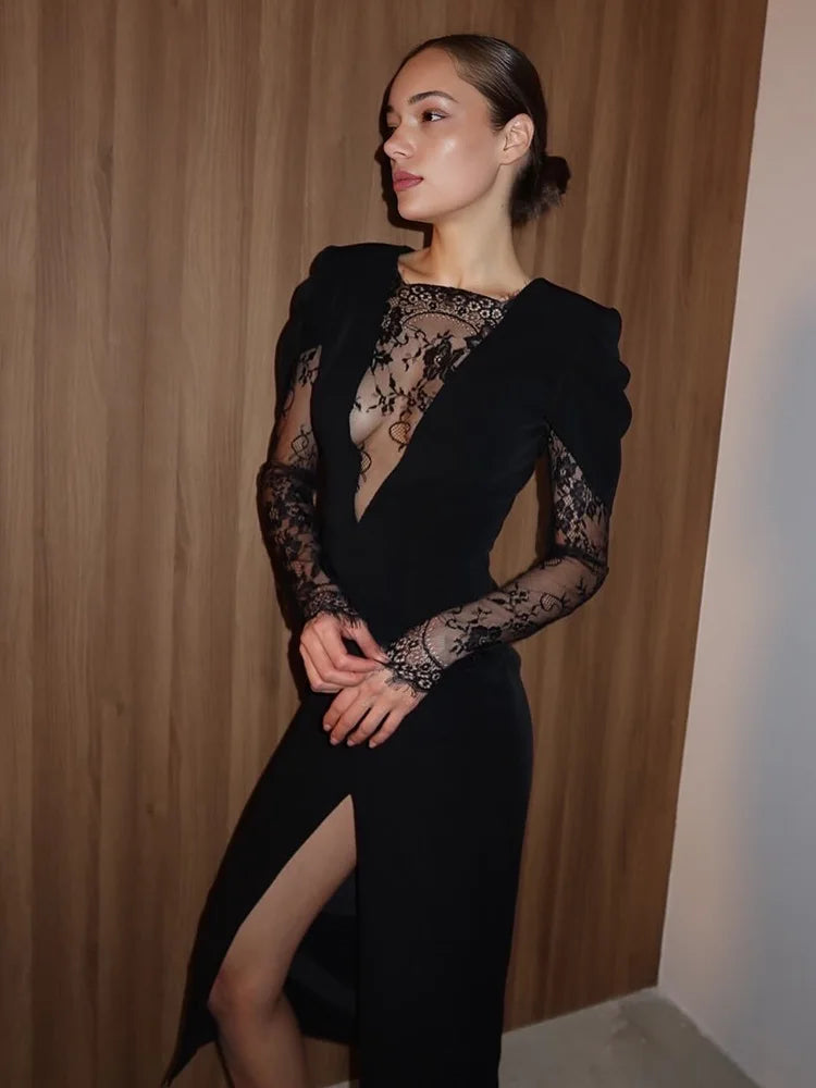 Ahagaga Eelgant Lace Women's Dress Patchwork Long Sleeves Autumn Party Slim Fit Sheath Velvet Sexy Split Trend Female Vestidos