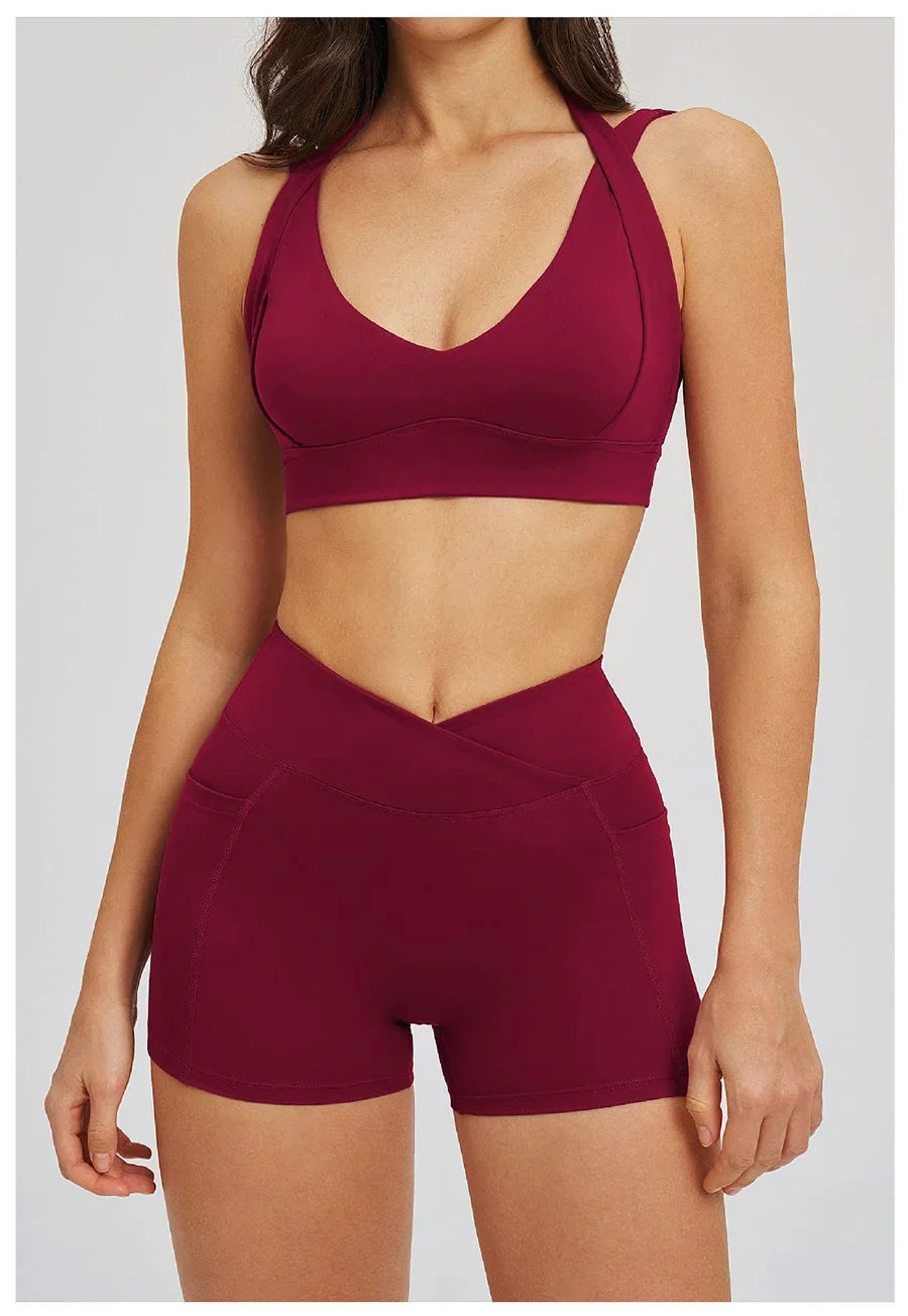 Women' Sports High Waist Shorts Set Fitness Cycling Elastic Sports Pants Yoga Bra Set Gym Sportswear Workout Set Athletic