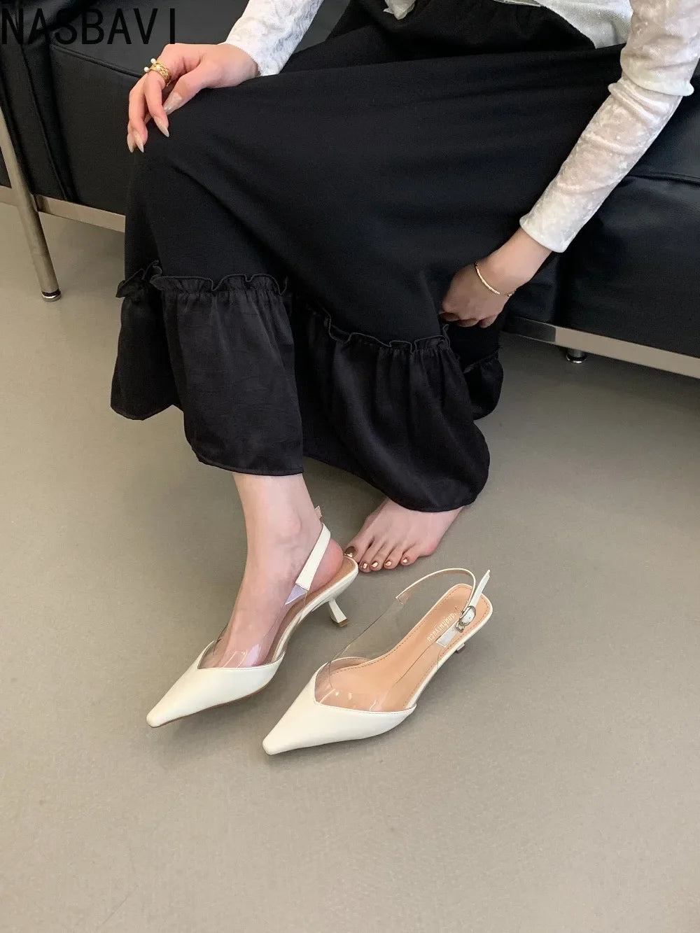 Women's Heart Clear Elegant Sandals Pointed Toe Transparent White French Buckle Strap New Summer 2026 Party Mules Dress Shoes