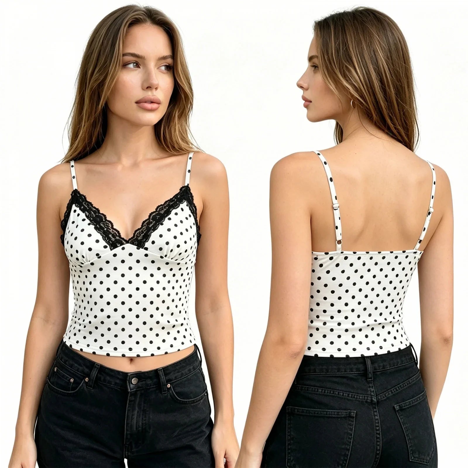 Women Retro Stylish Camis Dots Print Lace Trim Sleeveless V Neck Slim Fit Tank Tops Spaghetti Strap Vest Summer Daily Casual