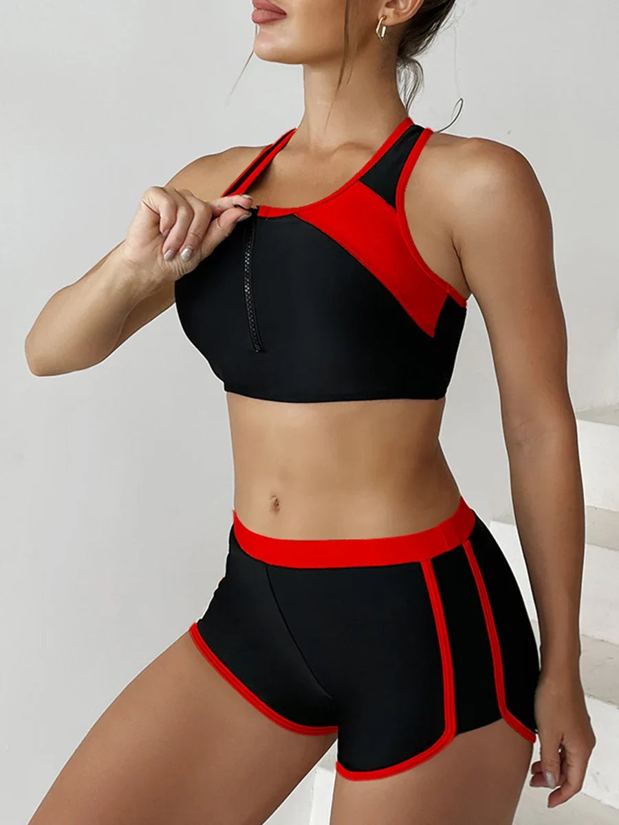2026 Zipper Bikini Set Two Piece Swimsuit Women With Shorts Sports Swimwear Female Bathing Swimming Suit Beach Wear Summer
