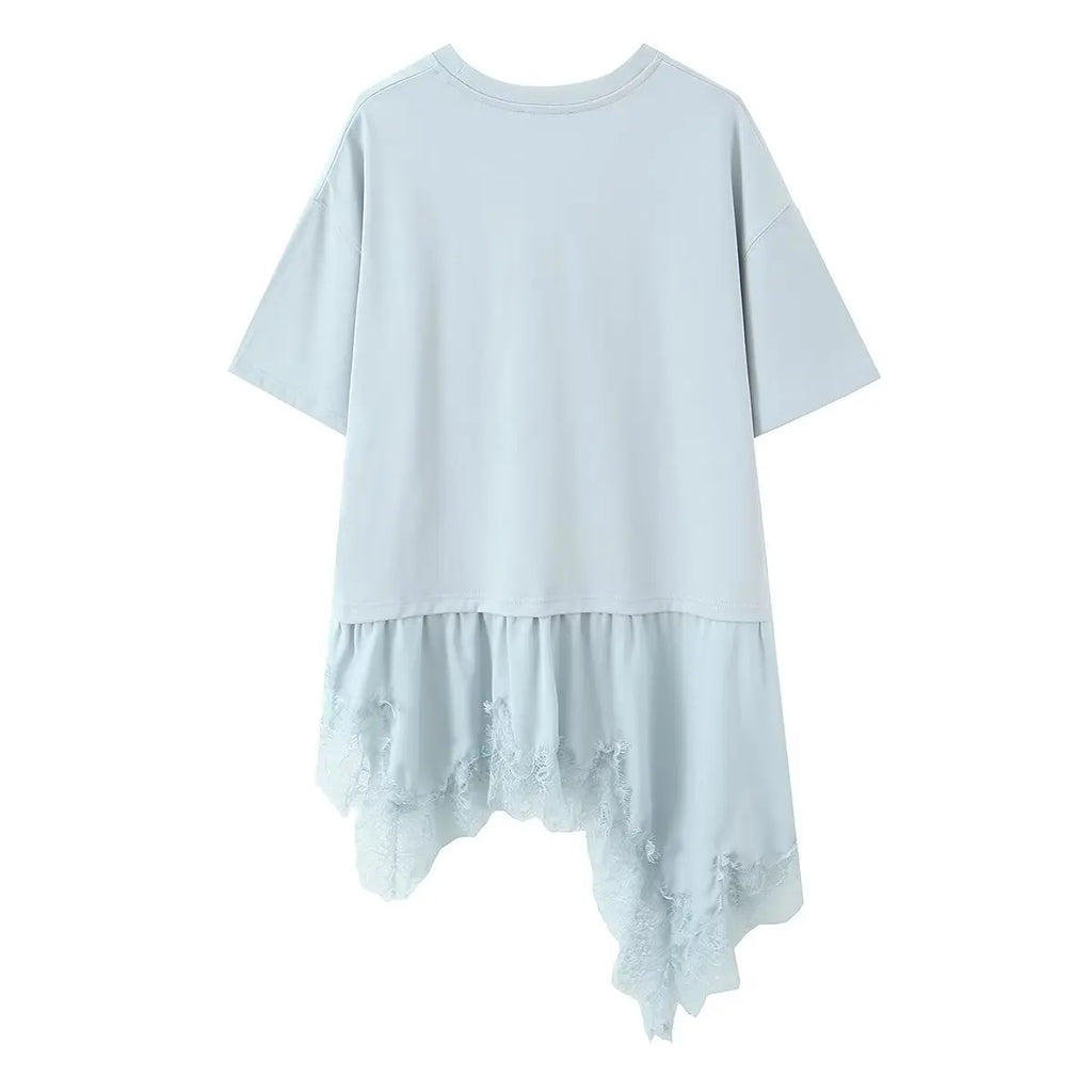 New Women's Lace Patchwork T-Shirt Top Women Lace Trim Hem T Shirt Crew Neck Short Sleeved Loose Fit Casual Solid Color Top MQ08