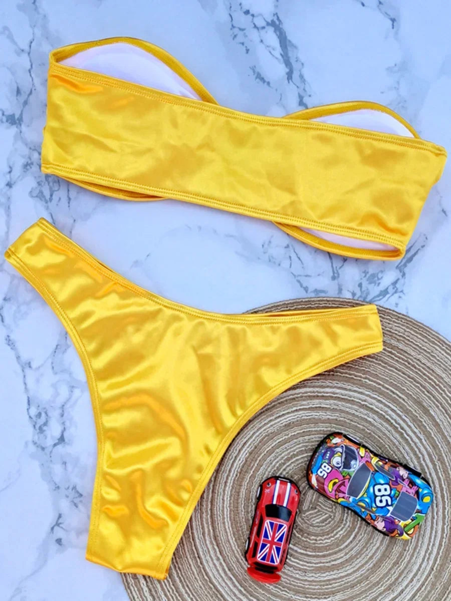 Bandeau Bikinis 2025 Strapless Satin Bikini Female Swimsuit Women Swimwear Two-pieces Bikini Set High Cut Bathing Suit Swim Lady