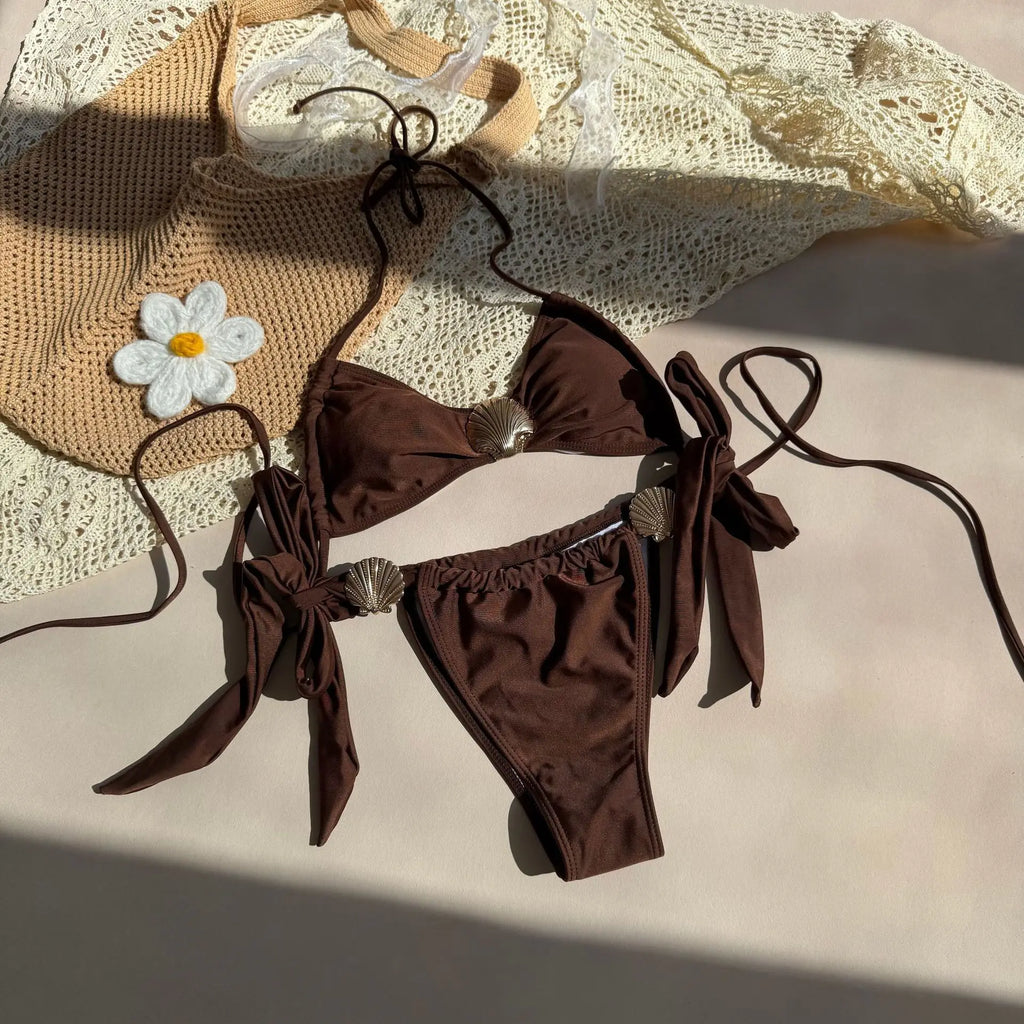Metal Shell Halter Strappy High Cut Bikini Female Swimsuit Women Swimwear Two-pieces Bikini Set Bather Bathing Suit Swim Lady