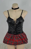 New Sexy Uniform Waist Protection Ultra Short Dress Sexy Black Leather Corset With Plaid Dress For Women Pure Desire Casaul CNI0