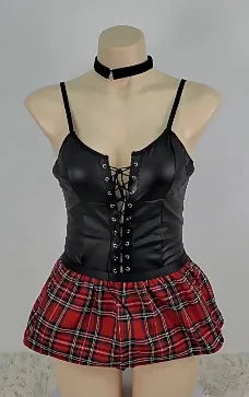 New Sexy Uniform Waist Protection Ultra Short Dress Sexy Black Leather Corset With Plaid Dress For Women Pure Desire Casaul CNI0