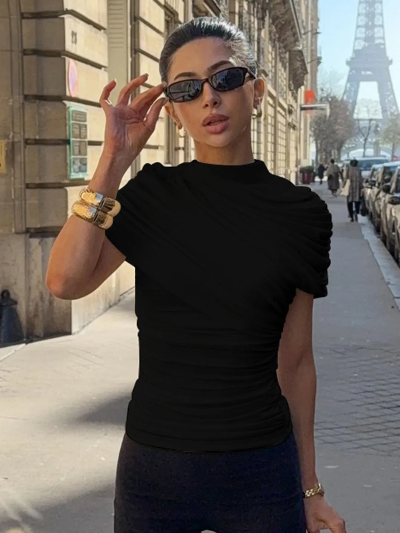 FDYOUI Woman Clothing Fashion Folds Cropped T-shirts Ladies Elegant Zip-up Slim Tops Tees White Black Corset T Shirt High Street