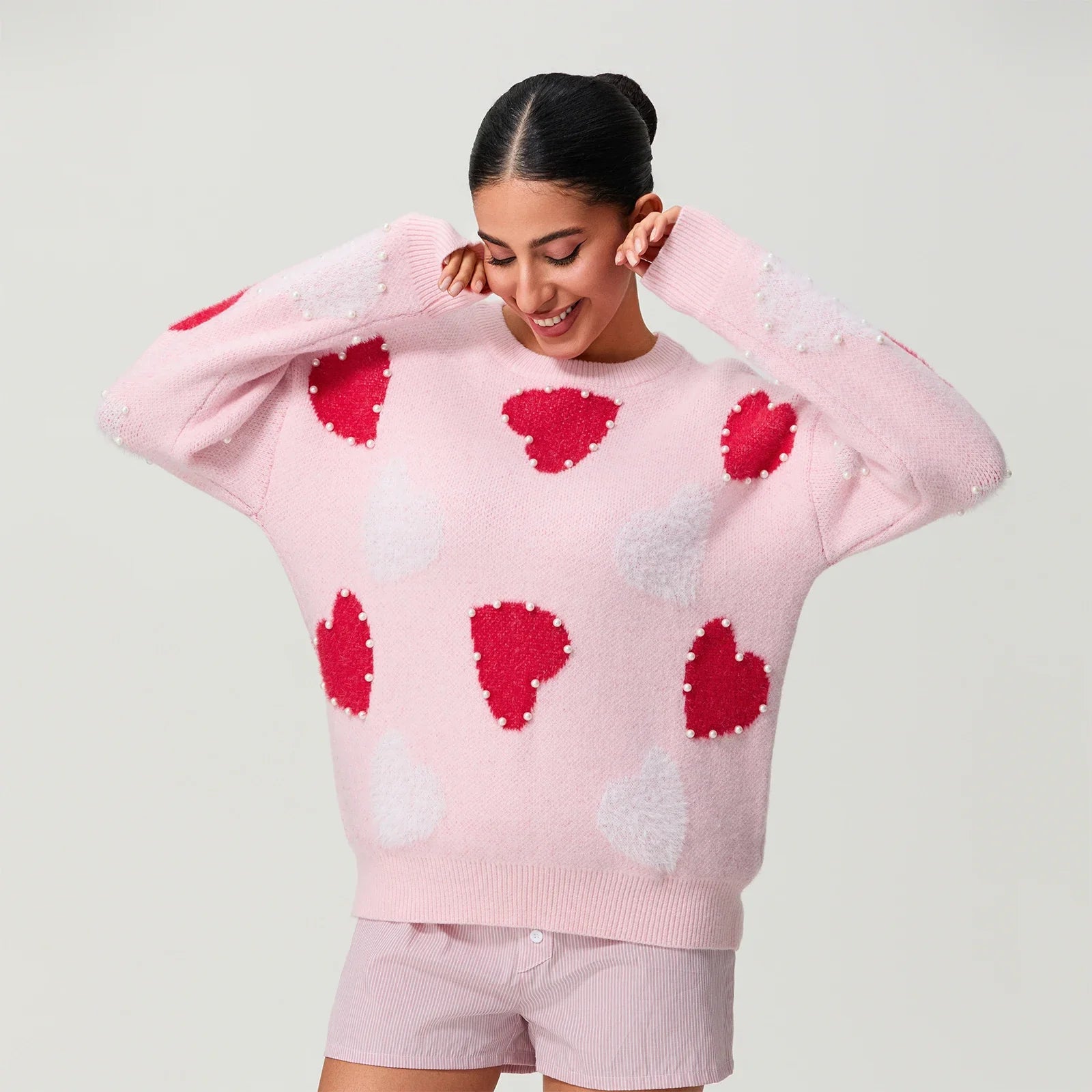 Women Spring Knitted Sweater Long Sleeve Round Neck Pearl Heart Print Knitwear Loose Pullover Tops