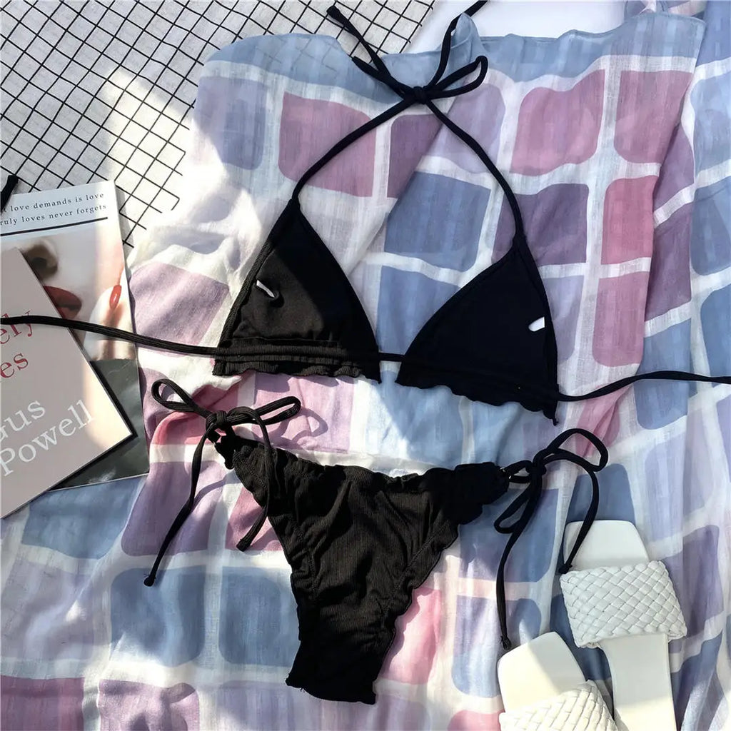 Ruffled Frilled Brazilian Bikini Women Swimwear Two-Pieces Bikini Set Female Swimsuit Halter Bather Bathing Suit Swim Lady V2817