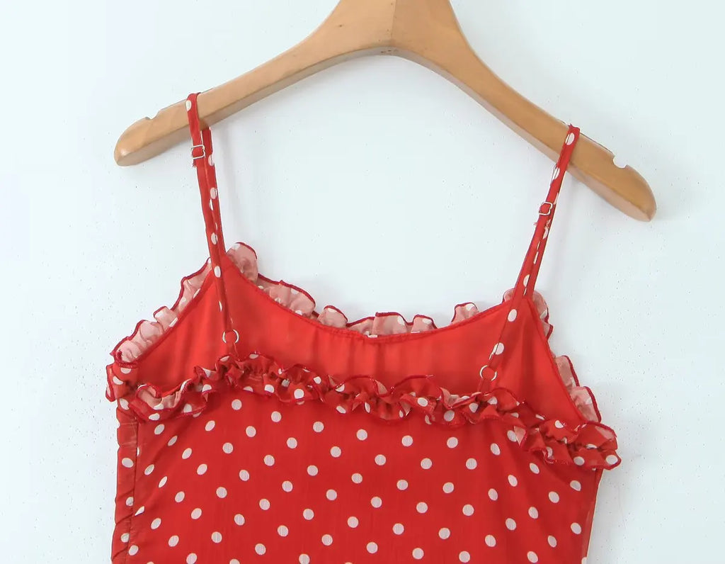 Foridol Polka Dot Printed Vintage Red Summer Dress Women Sleeveless Strappy Midi Boho Vestidos Spring Straight Beach Sundress