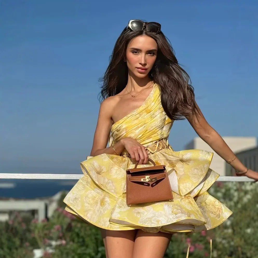 Women's Sexy One-Shoulder Waist-Cinching Dress Pure Desire Yellow Floral Print Ruffled Mini Dress Party Dress For Women NRR0