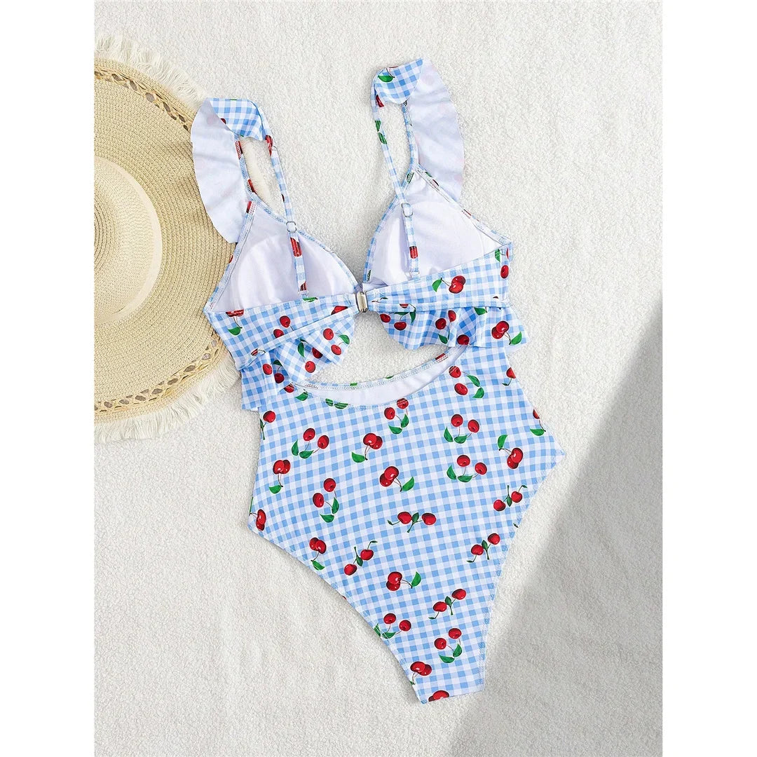 S - XL Cherry Printed Plaid Cut Out One Piece Swimsuit Women Swimwear Female Frilled High Leg Cut Bather Bathing Suit Swim V7557