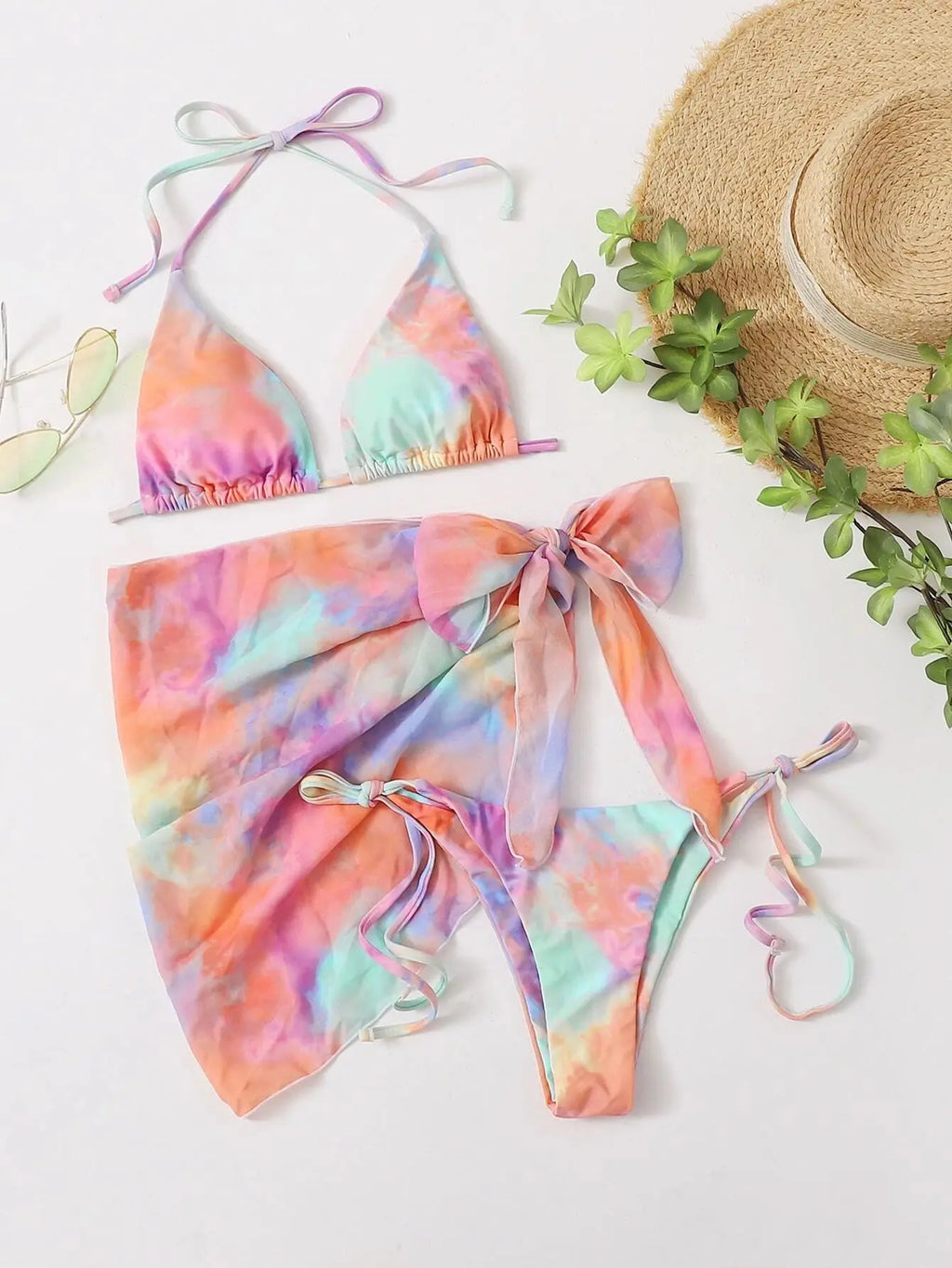 Women Tie Dye Print Micro Mini String Bikini Sets Three Pieces with Mesh Bow Tie Skirt Swimsuit Bathing Suit Beach Outfits