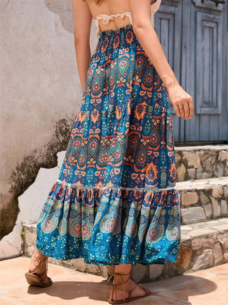 Women's Loose Long Skirt Bohemian Print Elastic Waist Ruffle Flowy Pleated Skirts Summer Beach Party Streetwear