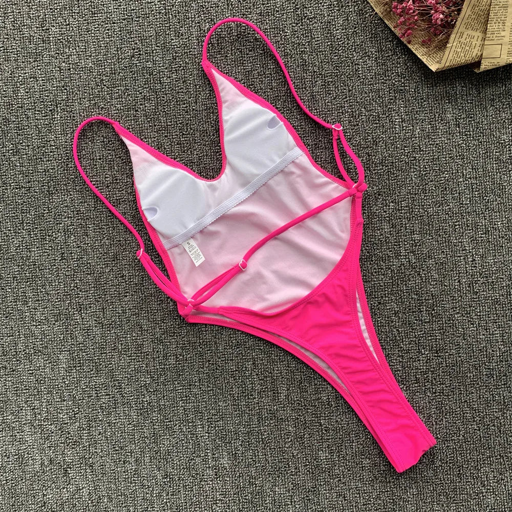 DEKA Solid Deep V One Piece Swimsuit Brazilian Mini Bikini Women High Cut Thong Backless Swimwear Female Bathing Suit Monokini
