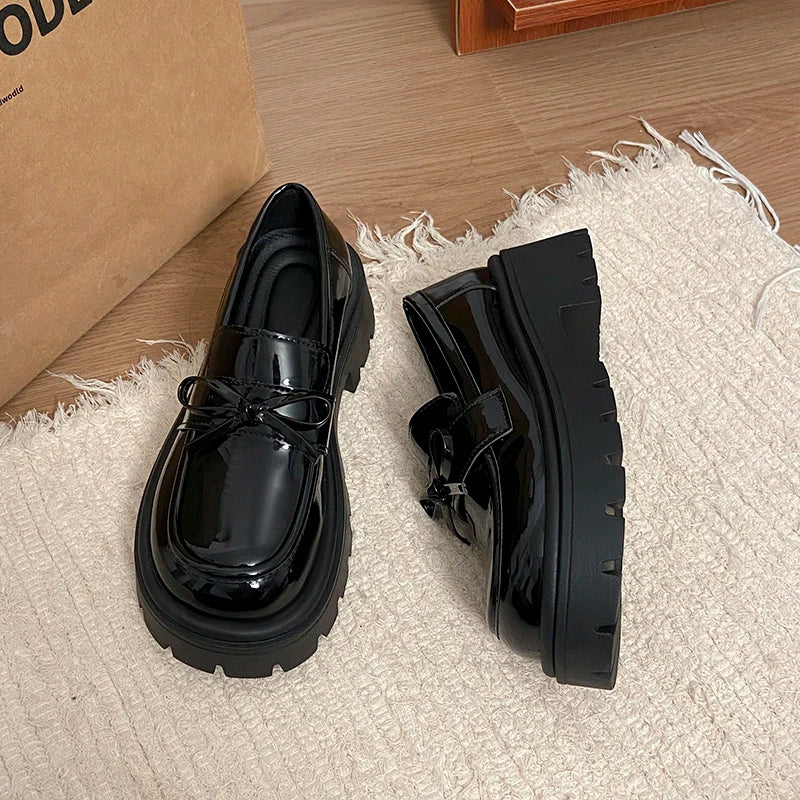 2025 Bowknot Decor Platform Loafers Women Fashion High Heel Jk Pu Leather Shoes Woman Korean Slip On Thick Sole Shoes Female