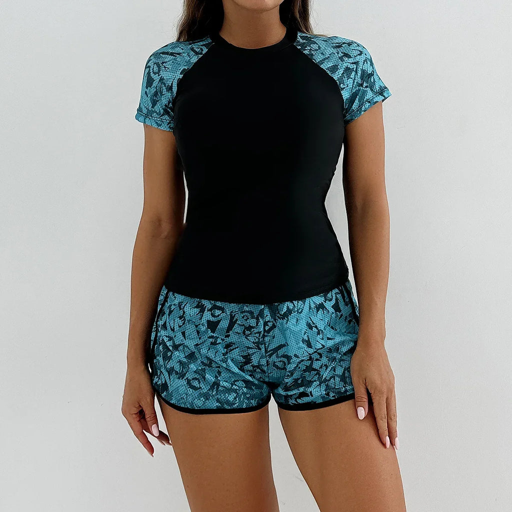 Sports Swimsuit for Women 2026 New 2 Piece Swimsuit High Waist Tankini Short Sleeve Round Neck Patchwork Bikini Set Swimwear