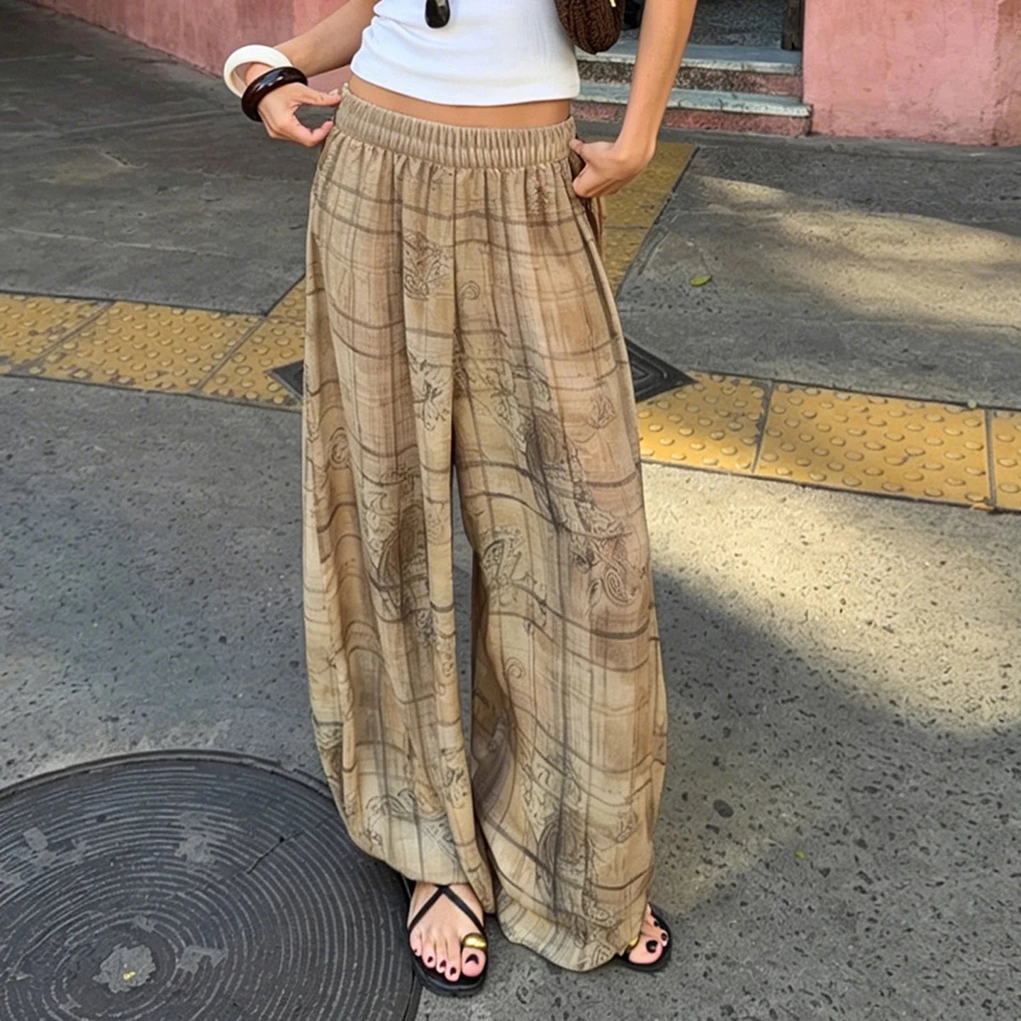Low-waisted, loose-fitting, wide-slip casual trousers, lightweight woven trousers