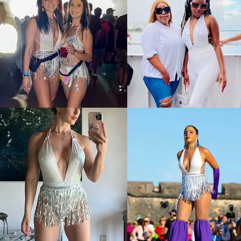 New Shiny One Piece Swimsuit Sexy White Snakeskin Print Deep V Neck Swimwear Backless Bathing Suit Sequin Tassel Skirt Monokini