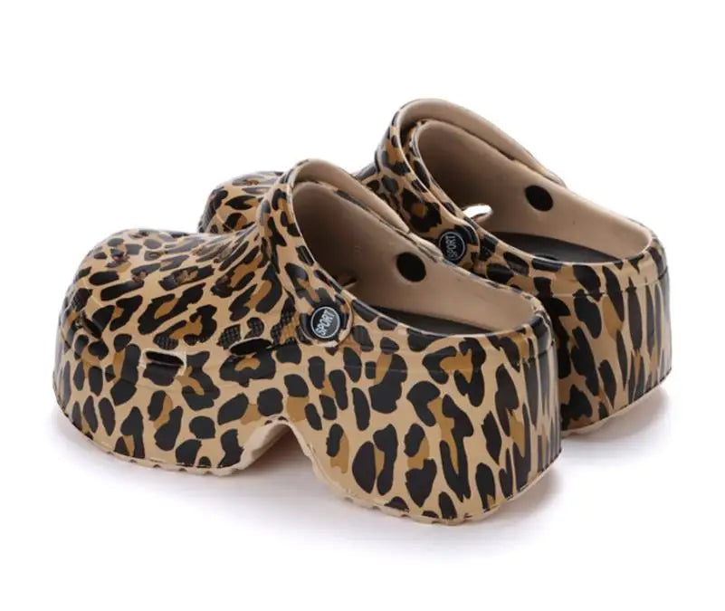 Leopard Platform Clogs for Women Closed Toe Chunky High Heel Sandals Woman New Summer Street Beach Slides Girls Fashion Slippers
