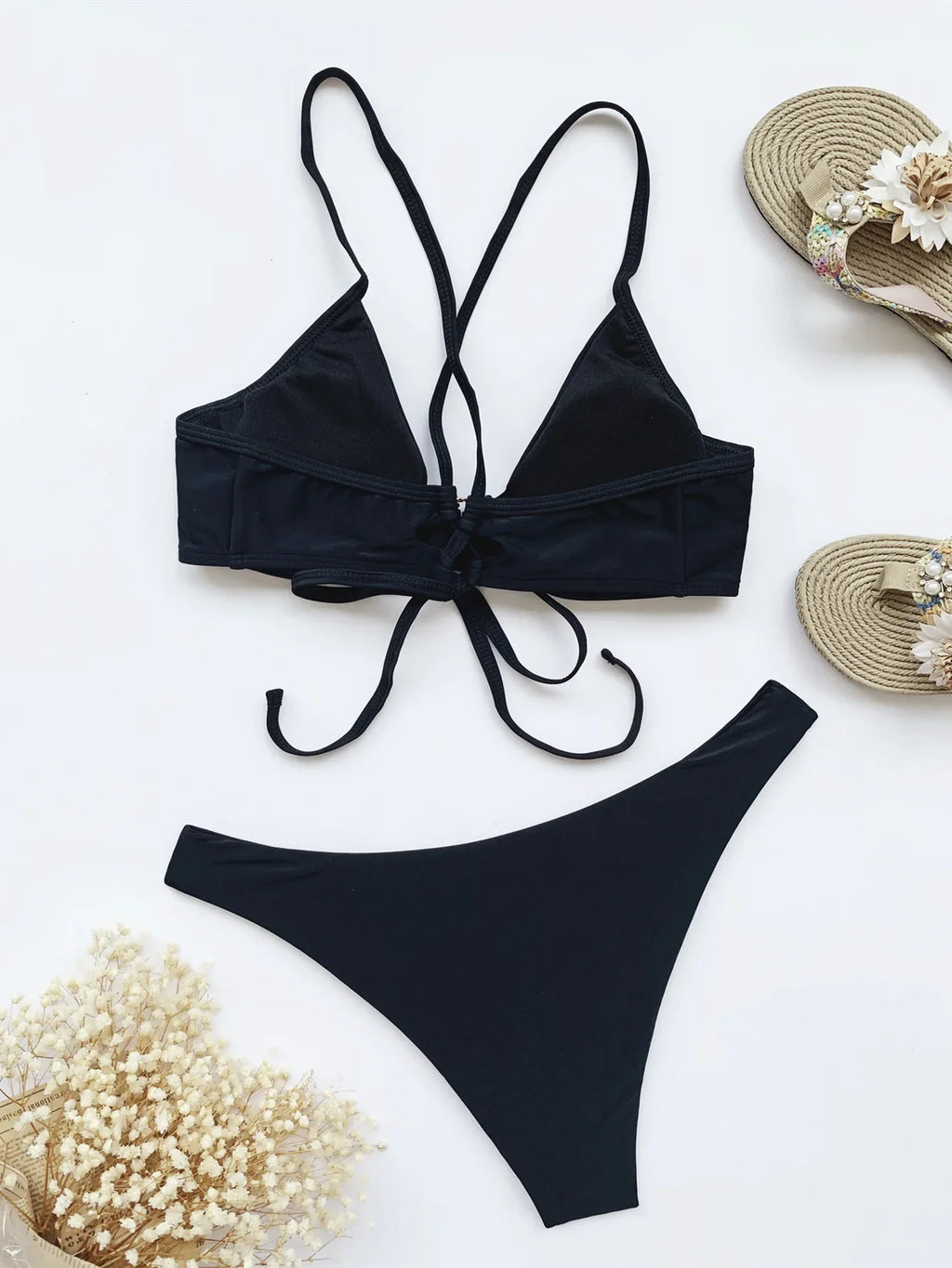 sexy push up bikinis sets two pieces solid thong swimsuit back bandage swimsuit Swimwear Biquini conjunto de bikini tankini