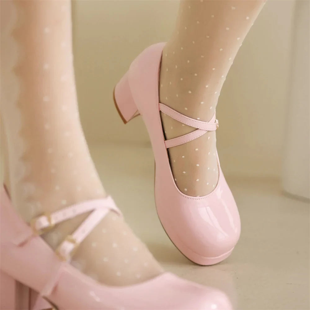 Big Size 30-48 Sweet Lolita Pink Mary Jane Shoes Women Round Toe Cross-Straps Platform White Block Heel Cute Dress Pumps