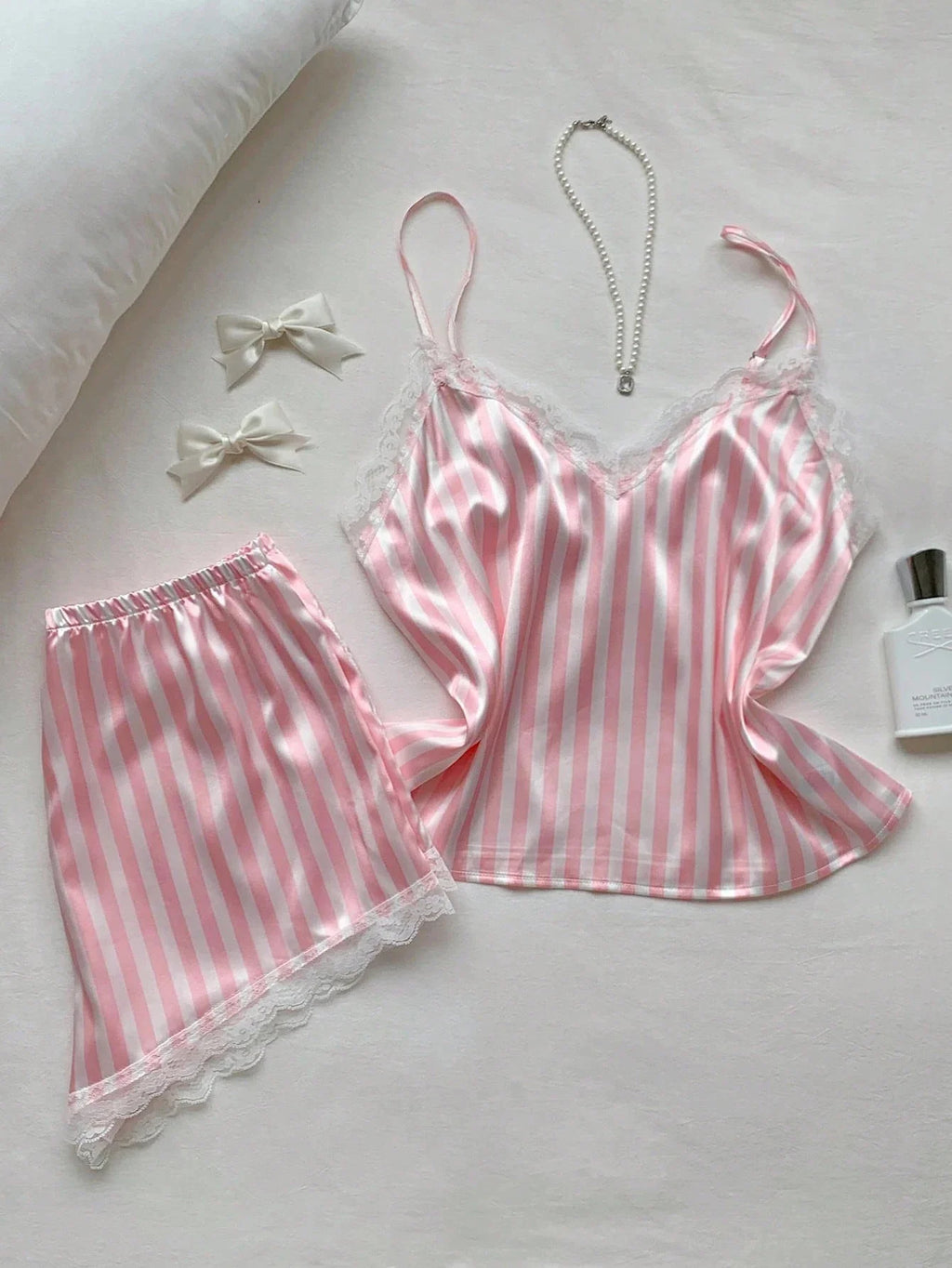Two Piece Women's V-Neck Sexy Lace Suspender Pajama Satin Silk Intimate Lingerie Pink Stripe Sleewpear Pijamas Suit Summer New
