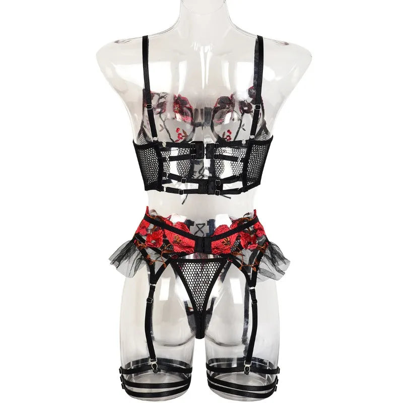 Toucheart 4-Piece Sexy Lingerie Set Women Embroidered Flower Straps Cross Hollow Out Mesh Patchwork Sexy Lace Up Bra Garters Set