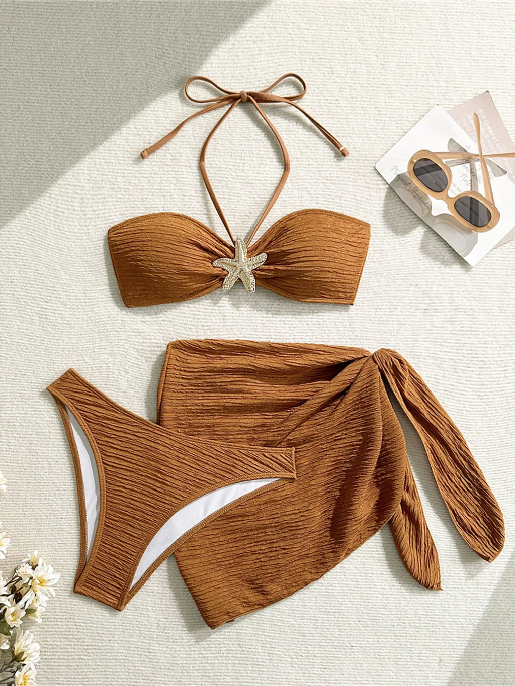 3PCS With Sarong Metal Star Halter Bikini Female Swimsuit Women Swimwear Three-Pieces Bikini Set Bather Bathing Suit Swim V7042