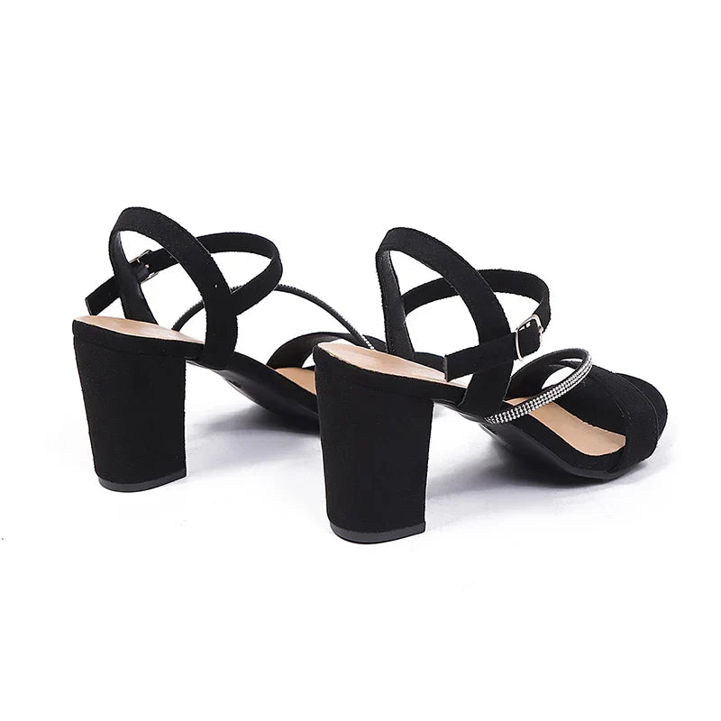 Fashion Crystal Strap Block Heel Sandals Women Plus Size 43 One Strap High Heels Sandalias Mujer Anti Slip Black Party Shoes