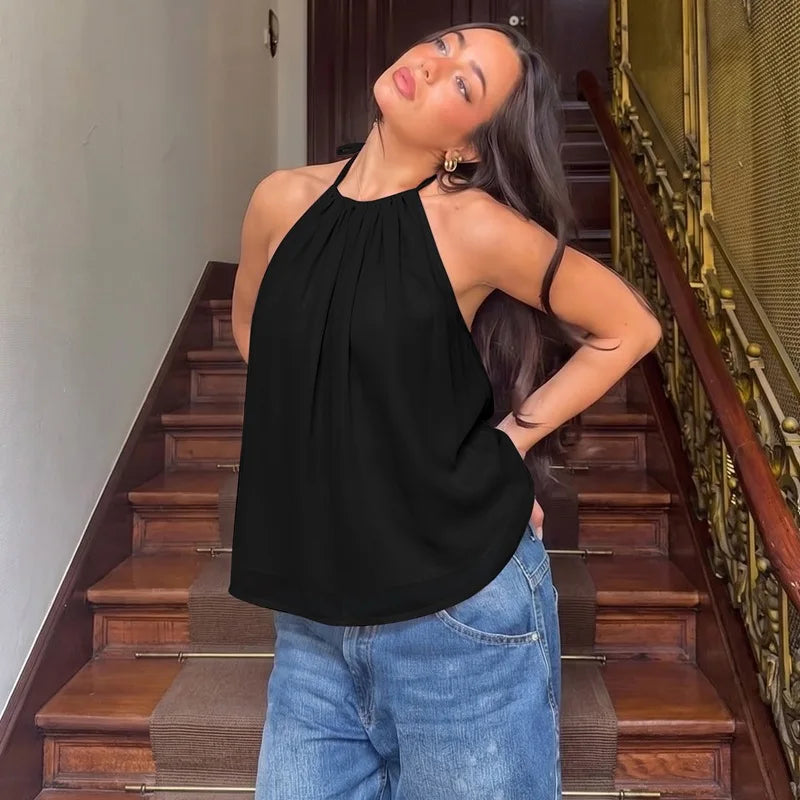 FDYOUI Women's Halter Off Shoulder Camisoles 2026 Summer Sexy Lace-up Backless Pink Tank Top Girls Loose Solid Tops Streetwear