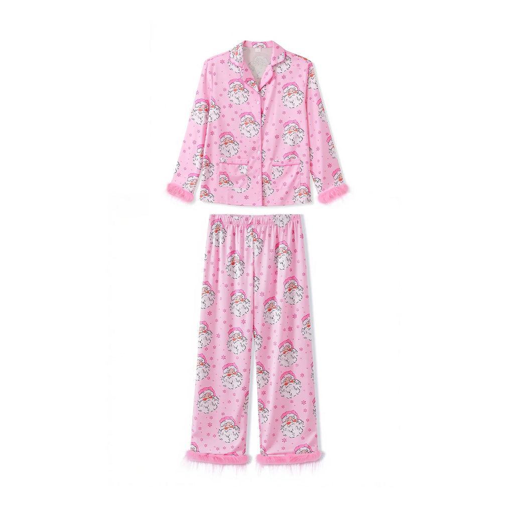 Women Satin Christmas Pajamas Sets Long Sleeve Santa Claus Print Tops with Elastic Waist Pants Two Pieces Sleepwear