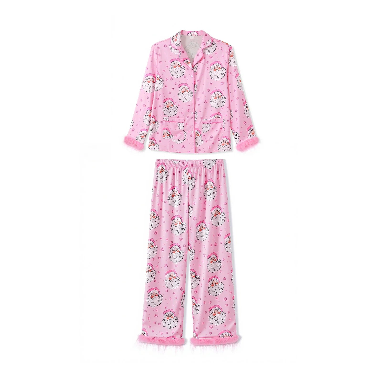 Women Satin Christmas Pajamas Sets Long Sleeve Santa Claus Print Tops with Elastic Waist Pants Two Pieces Sleepwear