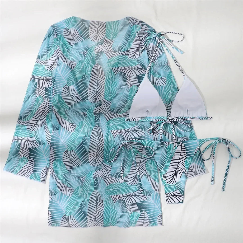 With Cover Up Leaves Printed Bikini Women Swimwear Female Swimsuit Three-pieces Bikini Set Bather Bathing Suit Swim Beachwear